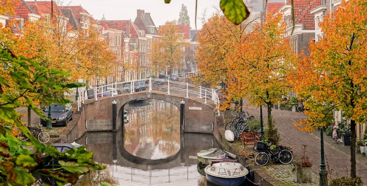 City view of Delft during autumn. 